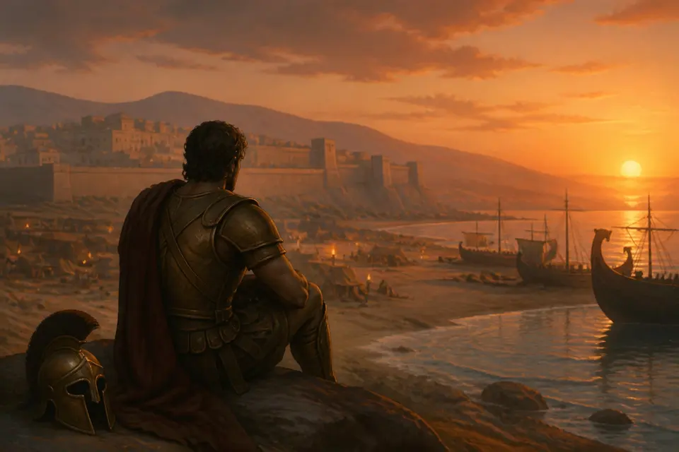 A hero in bronze armor sitting alone by the shore of the Trojan plain at dusk with his helmet beside him.