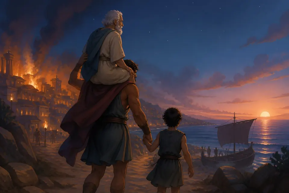 A hero carrying his elderly father with a boy at his side, leaving a burning city toward a ship.