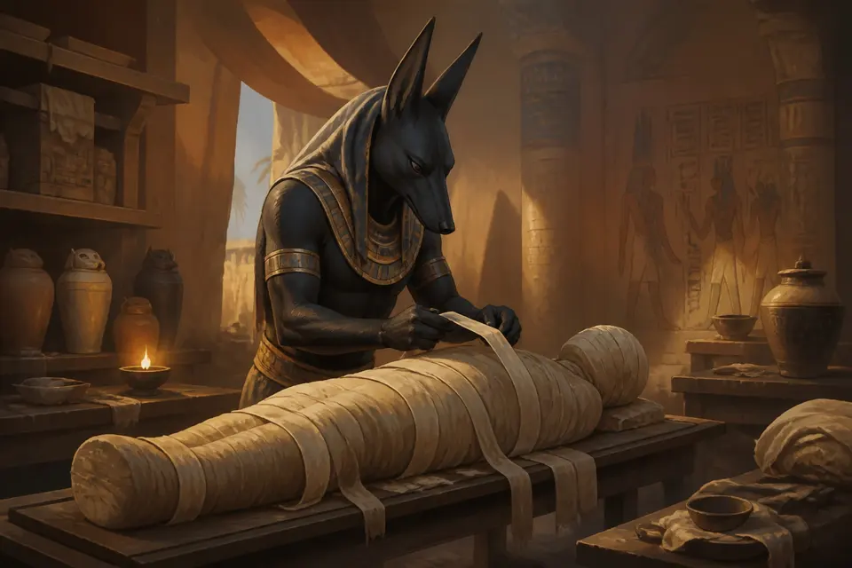 A jackal-headed god in a tomb workshop bending over a wrapped mummy.