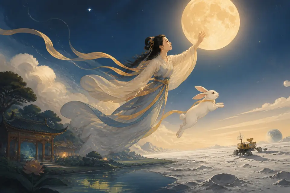 A graceful woman in flowing robes floating toward a full moon with a white rabbit beside her.