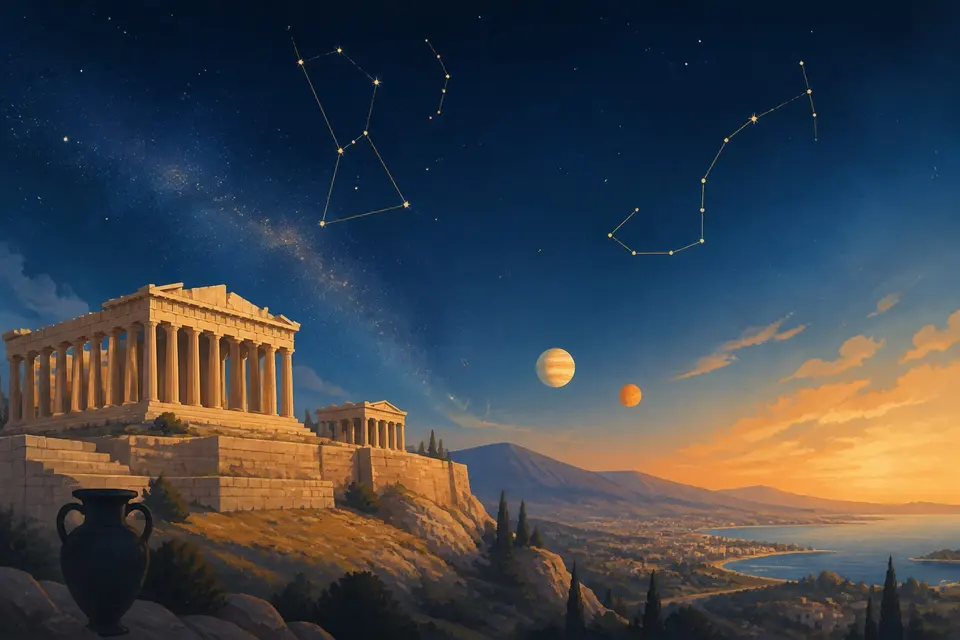 A starry night above a Greek hilltop temple with faint constellation lines drawn in gold.