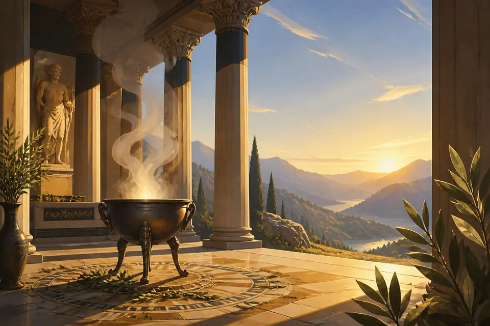 A mountain sanctuary of Apollo with a tripod and pale mist inside a colonnade.