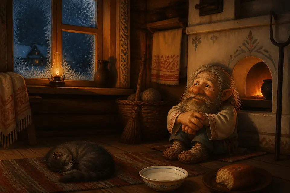 A small bearded house spirit in a cozy wooden Russian izba by a warm stove with a saucer of milk.