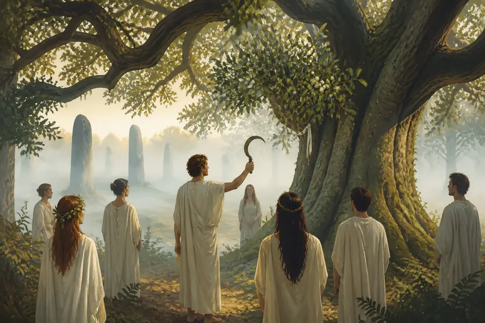 White-robed figures gathered in an ancient oak grove at dawn around a mistletoe-laden tree.