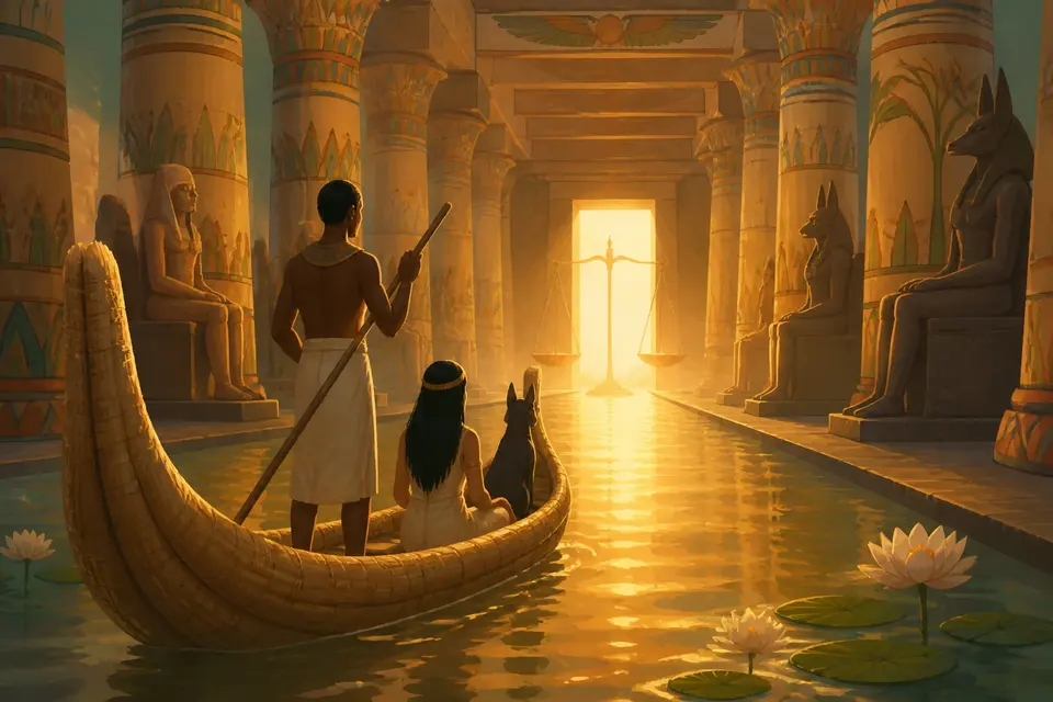 A reed boat on a golden river toward a doorway of light.