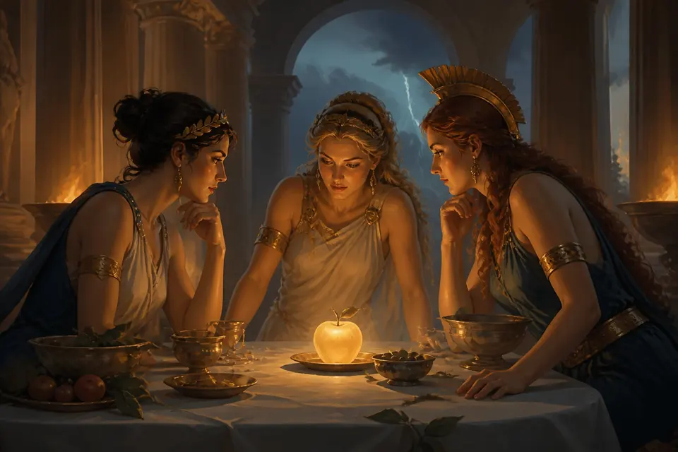 A golden apple glowing on a banquet table with three goddesses leaning toward it.
