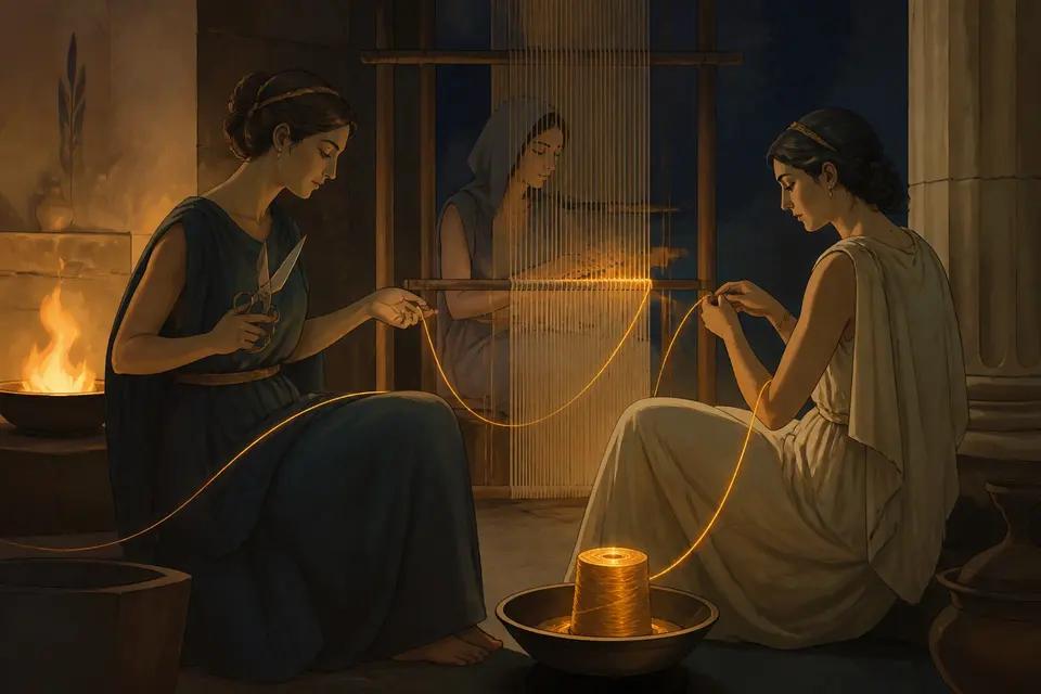 Three robed women at a loom spinning a long glowing golden thread by firelight.