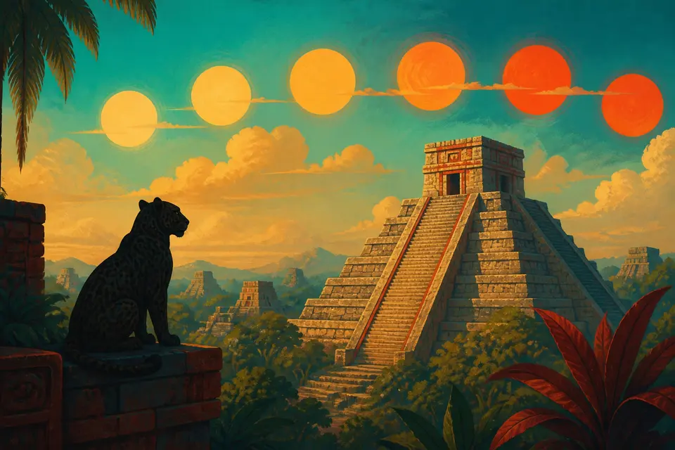 Five suns across a Mesoamerican sky above a stone pyramid.