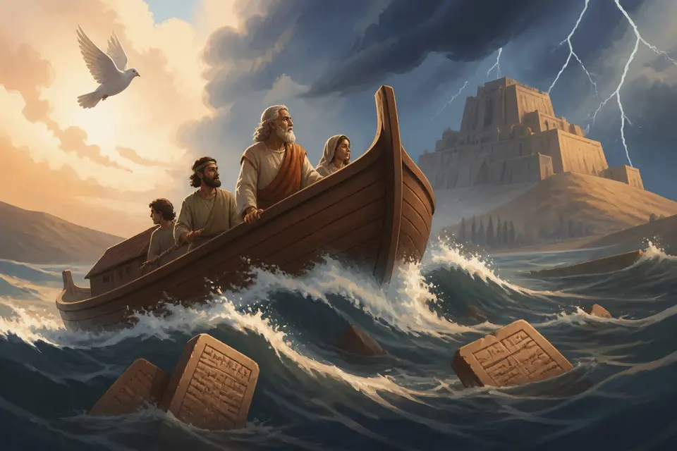 A great boat riding a storm-swept flood with a mudbrick ziggurat on a distant hill.