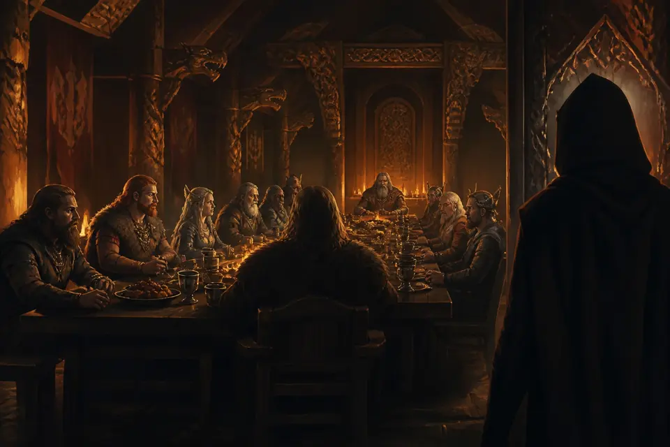 A banquet hall of Norse gods with twelve seats and a shadowy thirteenth figure at the door.