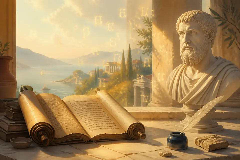 An open scroll and a quill beside a marble bust, with glowing Greek letters in the air.