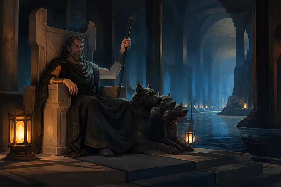 A stern, dignified king on a dark stone throne in an underworld hall with a three-headed dog.