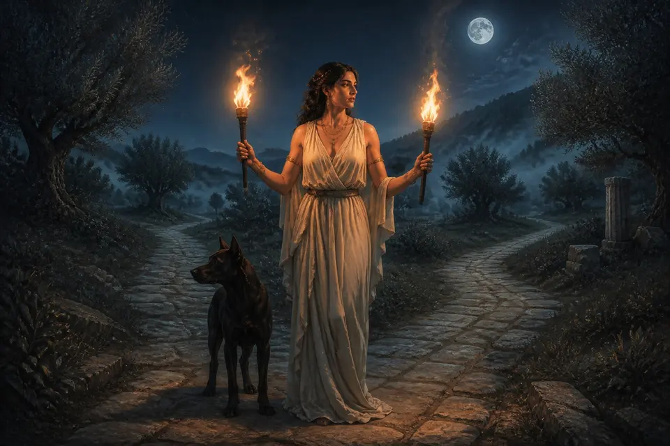A goddess holding two torches at a three-way crossroads at night with a dog at her side.