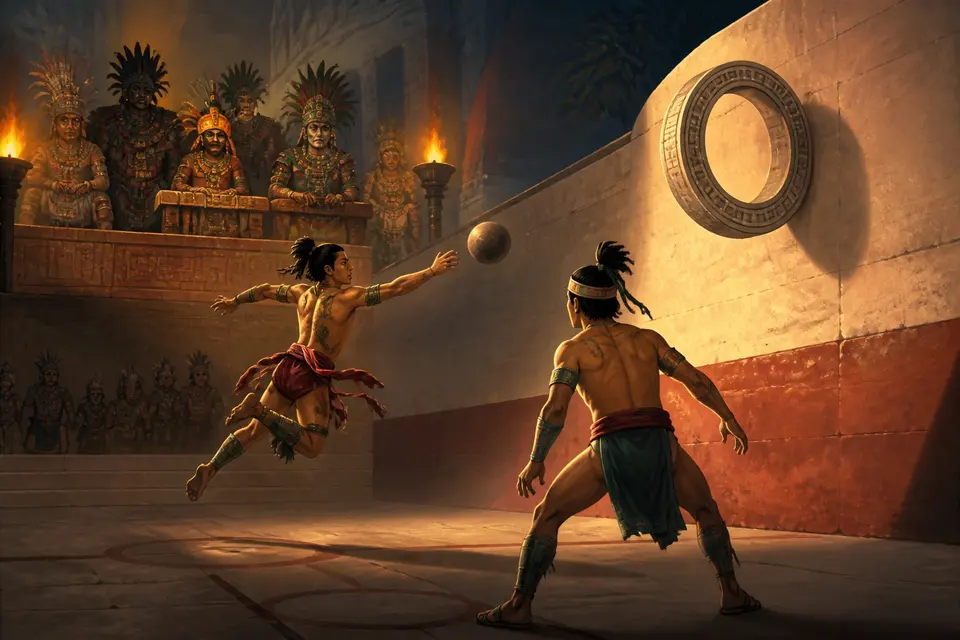 Two young Maya heroes playing a ball game in a stone court with lords of the underworld watching.