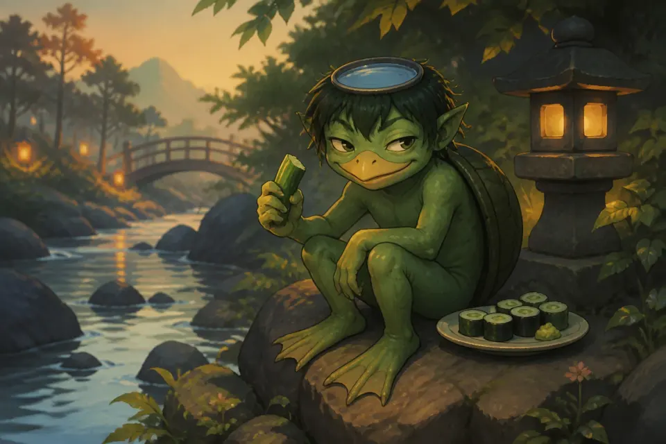 A green kappa with a water dish on its head holding a cucumber beside a plate of cucumber rolls.