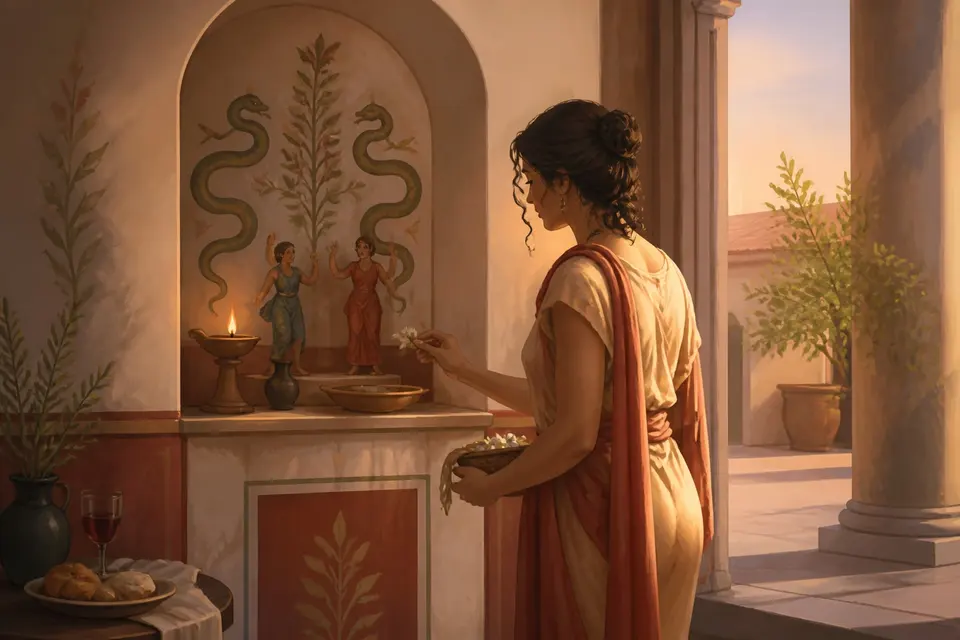 A small Roman household shrine with painted snakes, two dancing figurines, a lamp and offerings.