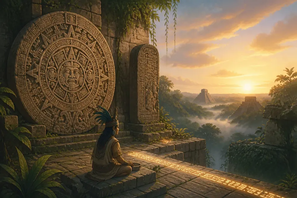 A Maya stone calendar wheel in a jungle temple at sunrise with a stela carved with glyphs.