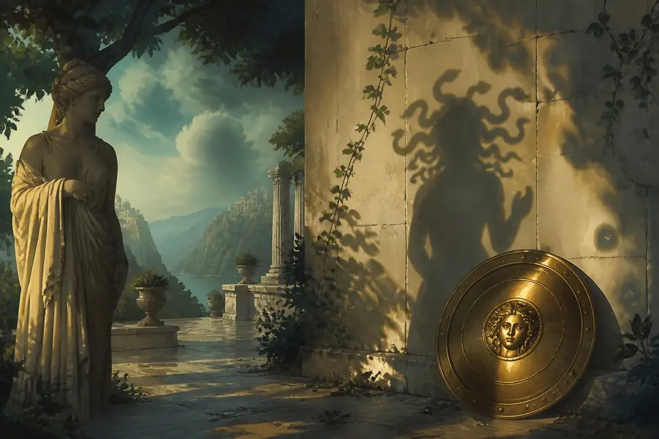 A shield and a serpent-haired shadow among Greek ruins.