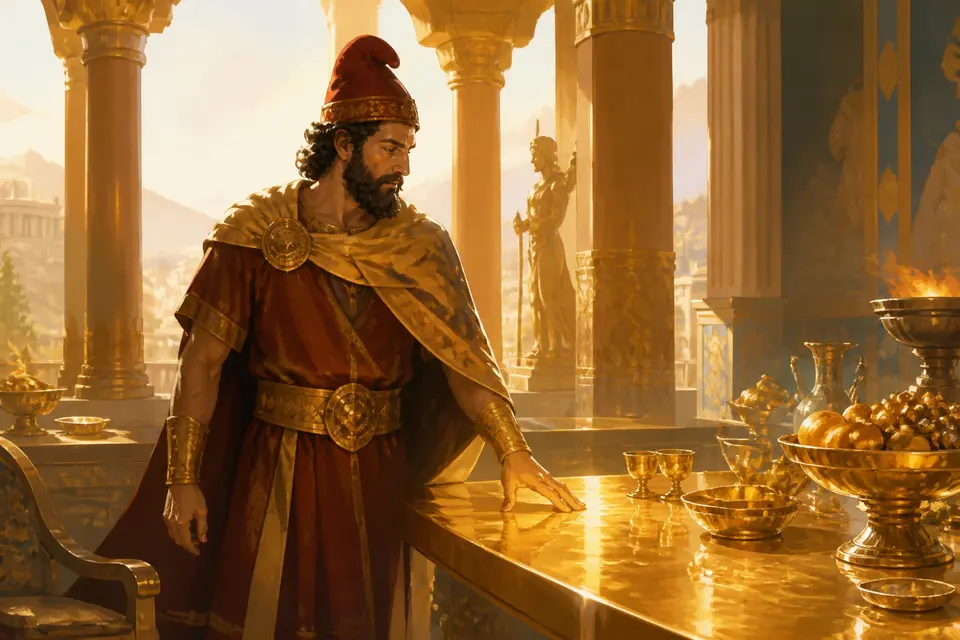 An ancient king in a golden hall touching a table that turns to gold.