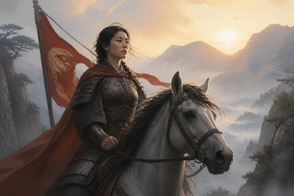 A young woman in soldier’s armor with a long braid riding a horse across a misty northern mountain pass at dawn.