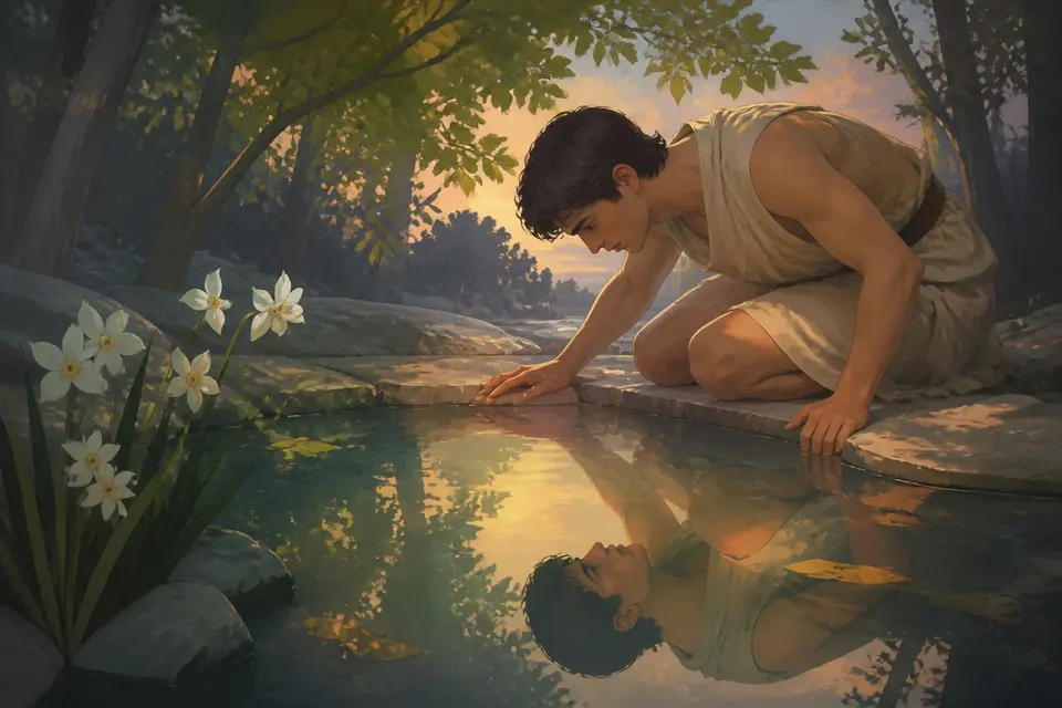 A young man leaning over a forest pool with white narcissus flowers on the bank.