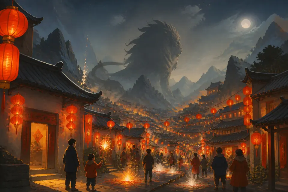 A village at Lunar New Year with red lanterns and banners on every door and a beast retreating.