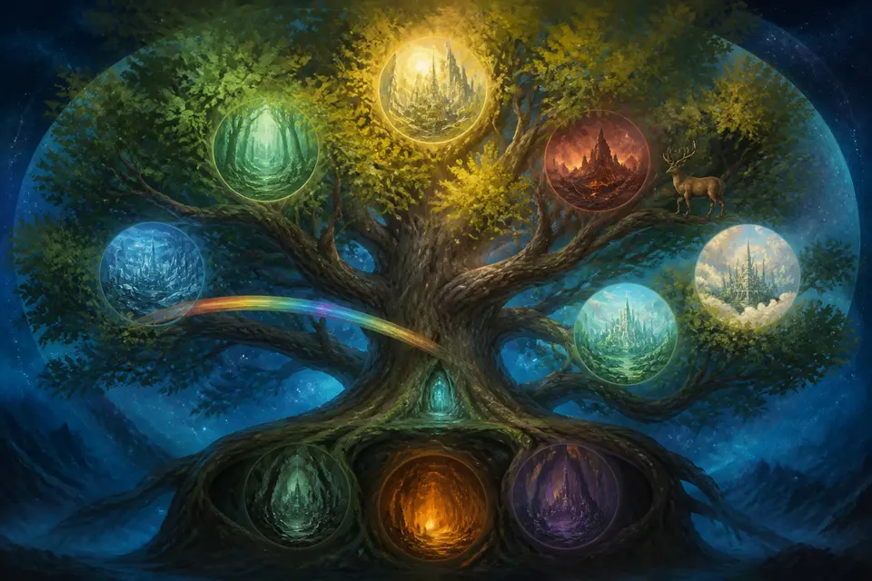 The world tree Yggdrasil with nine glowing realms among its branches and roots.