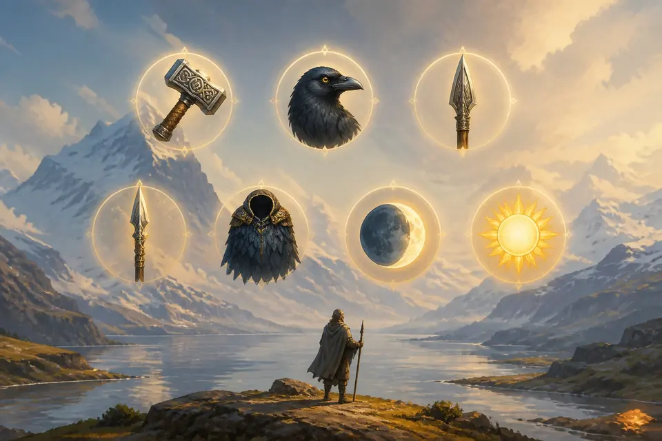 Seven glowing symbols over a snowy Norse landscape, one for each day of the week.