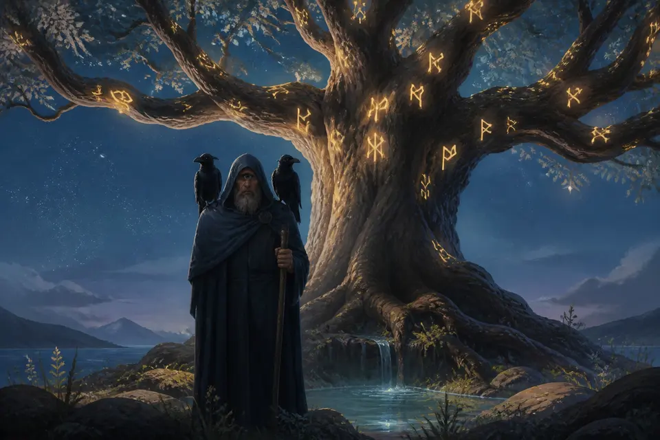 A hooded one-eyed wanderer before a vast ash tree whose branches carry glowing runes with two ravens on his shoulders.
