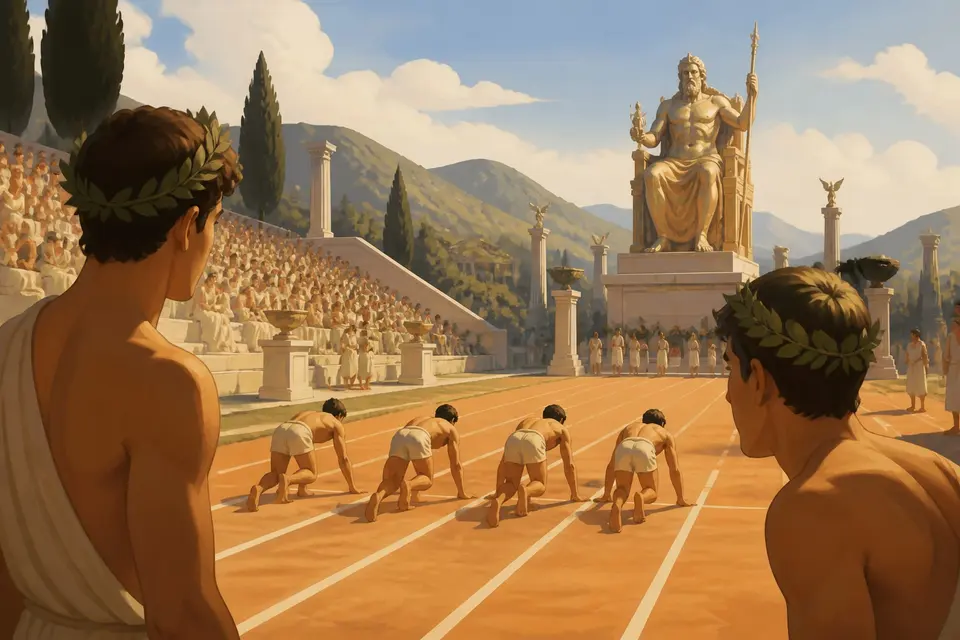 An ancient stadium at Olympia with a running track, athletes at the start line and a statue of Zeus.