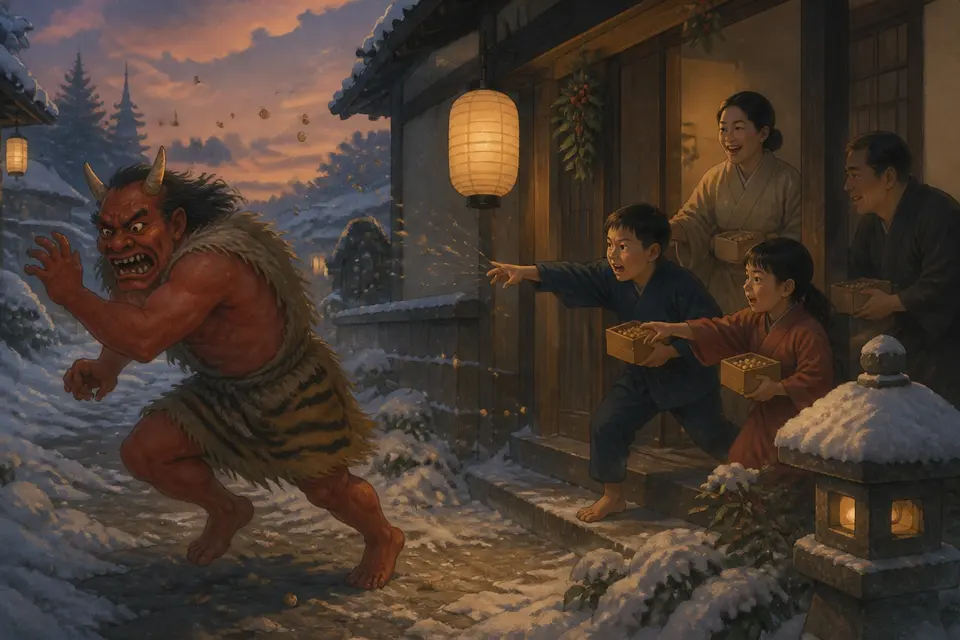 A red-faced horned oni driven away by a family throwing roasted soybeans at a doorway in a snowy village.