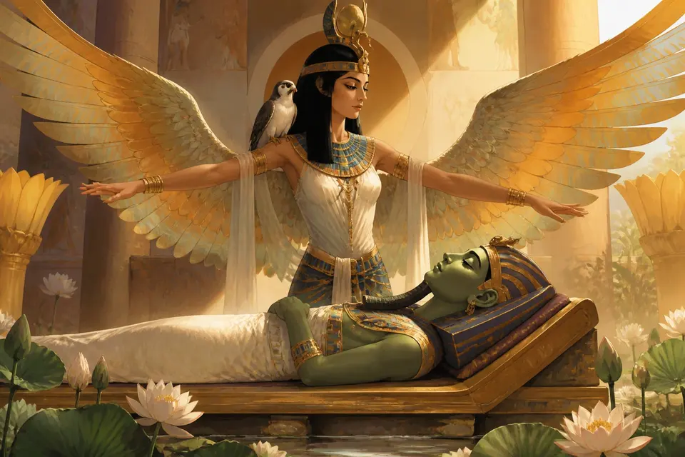 A winged goddess spreading her arms over a pharaoh on a funerary bed with a falcon on her shoulder.