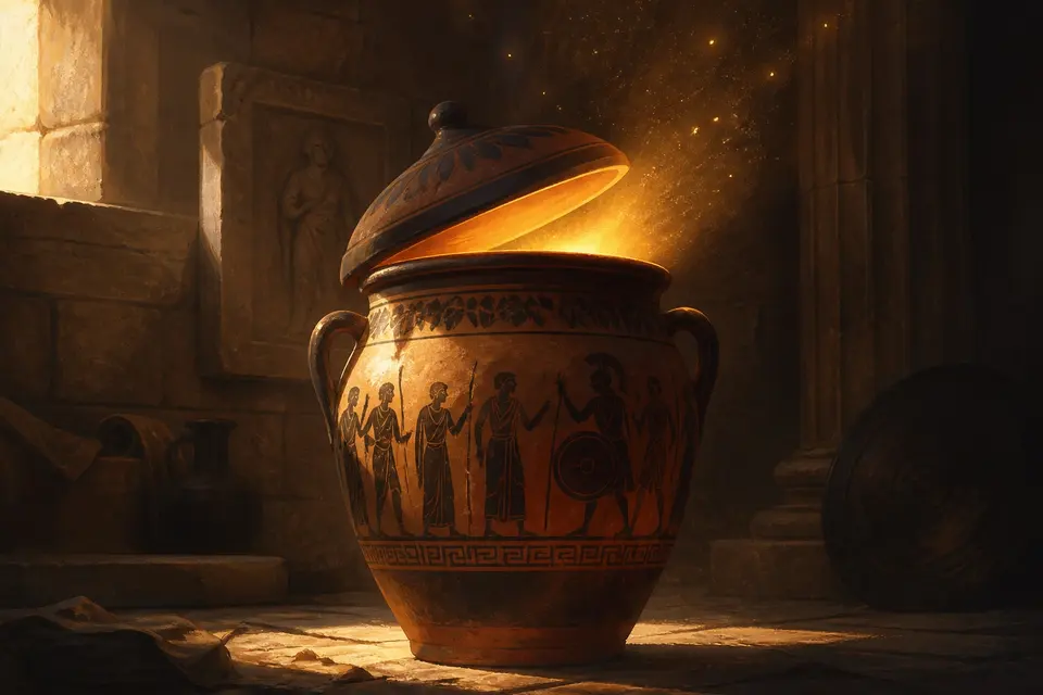 A large clay jar with its lid slightly open and small sparks of light escaping.