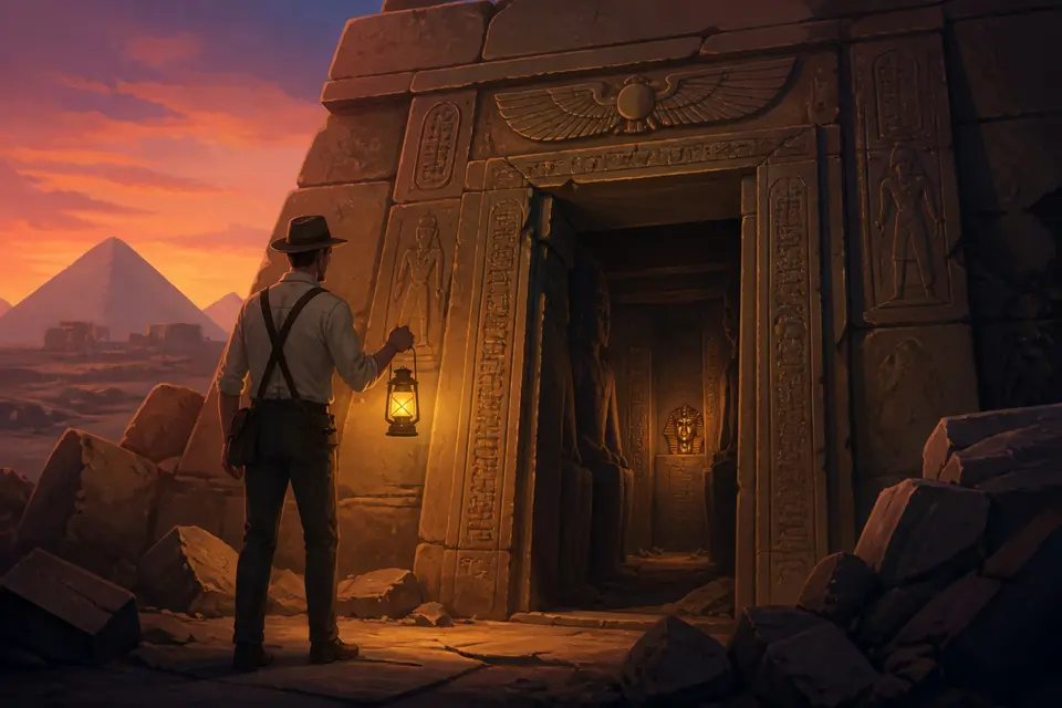 The entrance of a sealed Egyptian tomb in 1920s style with an archaeologist’s lantern.