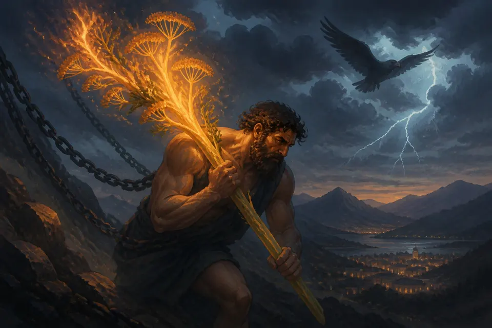 A Titan carrying a glowing stalk of fire down a mountain at night with an eagle in a stormy sky.