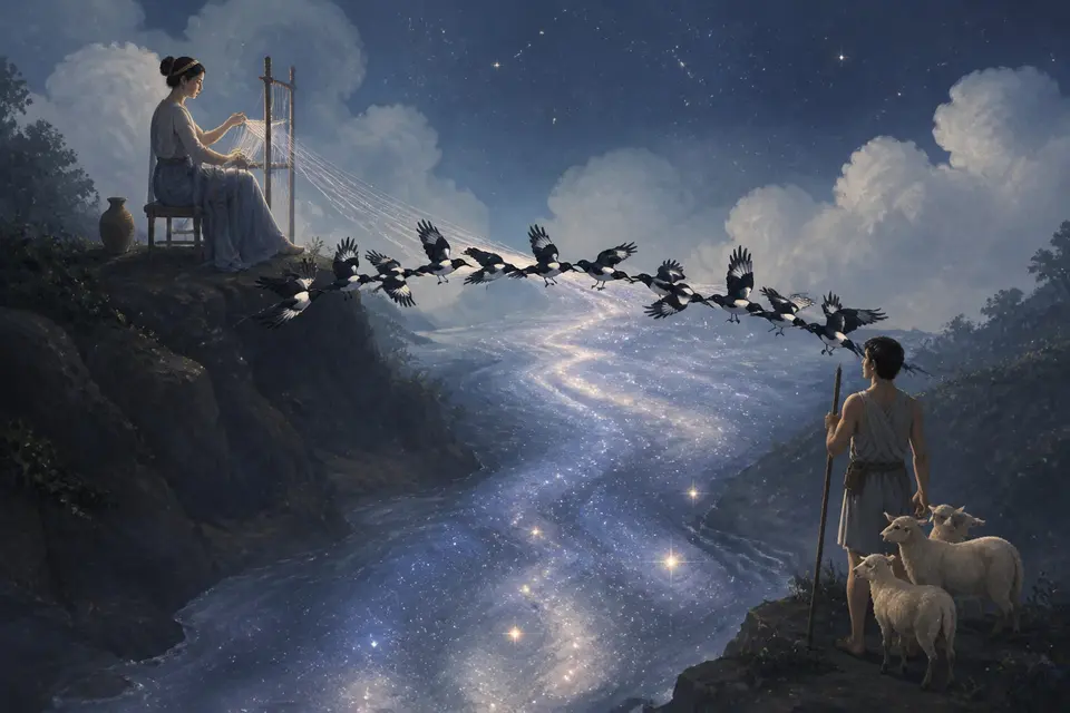 A weaving girl and a cowherd on opposite banks of a luminous river of stars with a bridge of magpies between them.