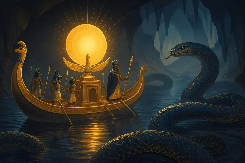 A solar boat on a dark underworld river carrying a glowing sun with a giant serpent in the water.