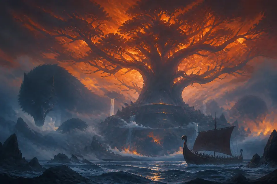 A burning sky over Yggdrasil, a wolf and a longship.