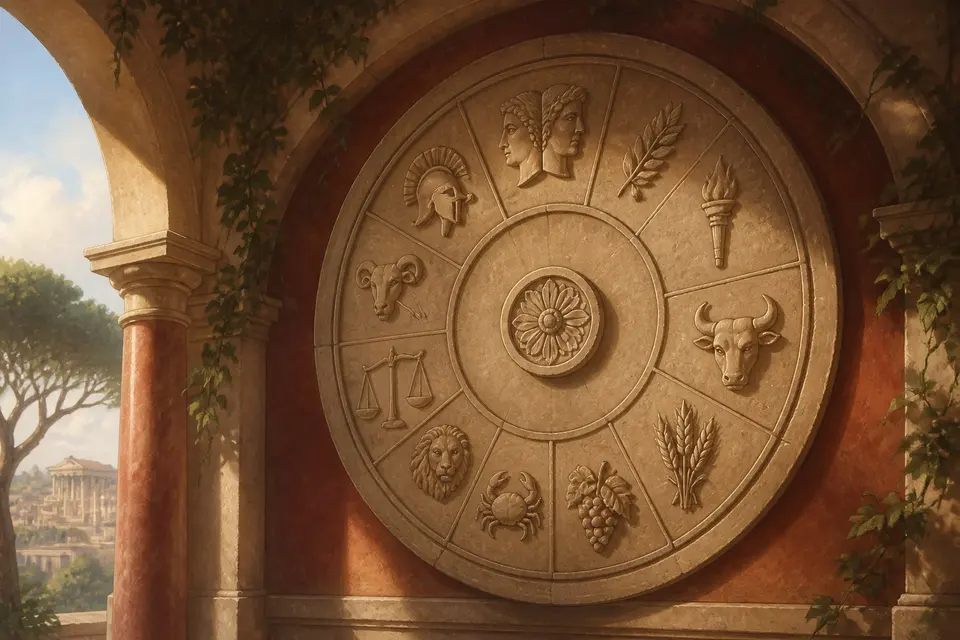 A Roman calendar carving with twelve months, each shown by a symbol.