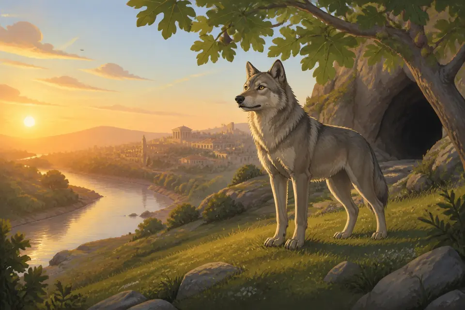 A she-wolf on a hillside above the Tiber at dawn.