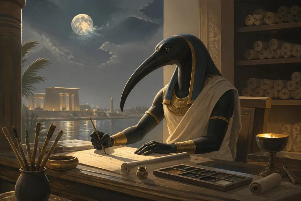 An ibis-headed scribe god at a desk writing on papyrus under the moon with shelves of scrolls.