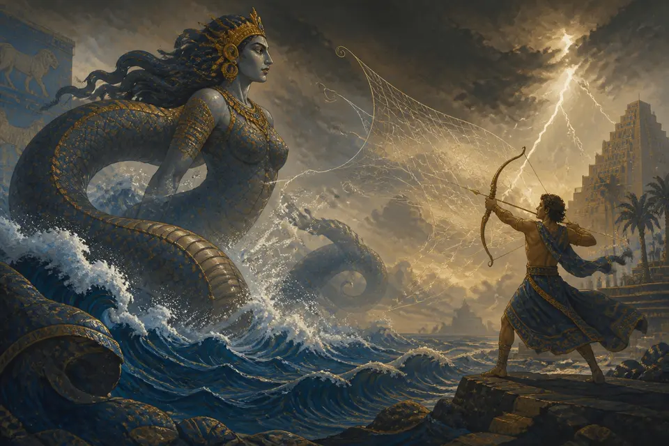 A stormy primordial sea with a vast coiling sea goddess rising and a young god with a bow facing her.