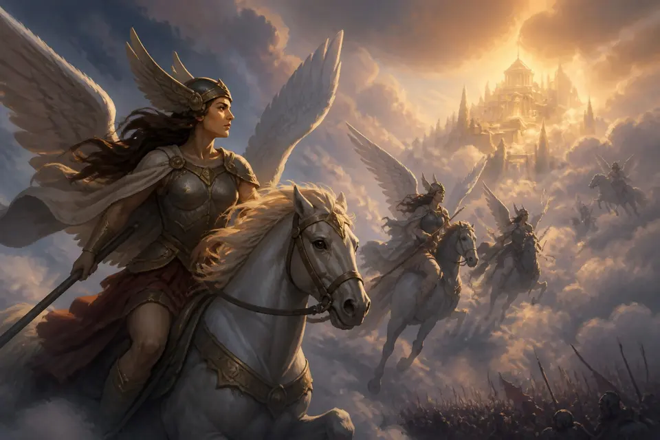 Winged armored women riding through a stormy twilight sky toward a golden hall in the clouds.