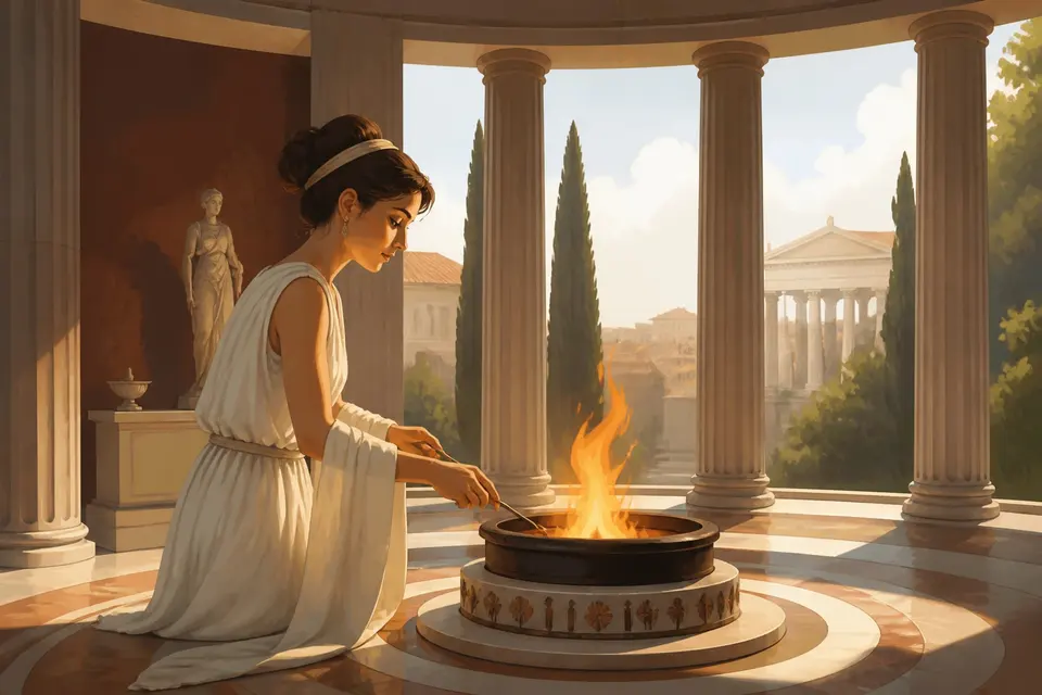 A round temple of Vesta with a priestess in white tending a small eternal flame.