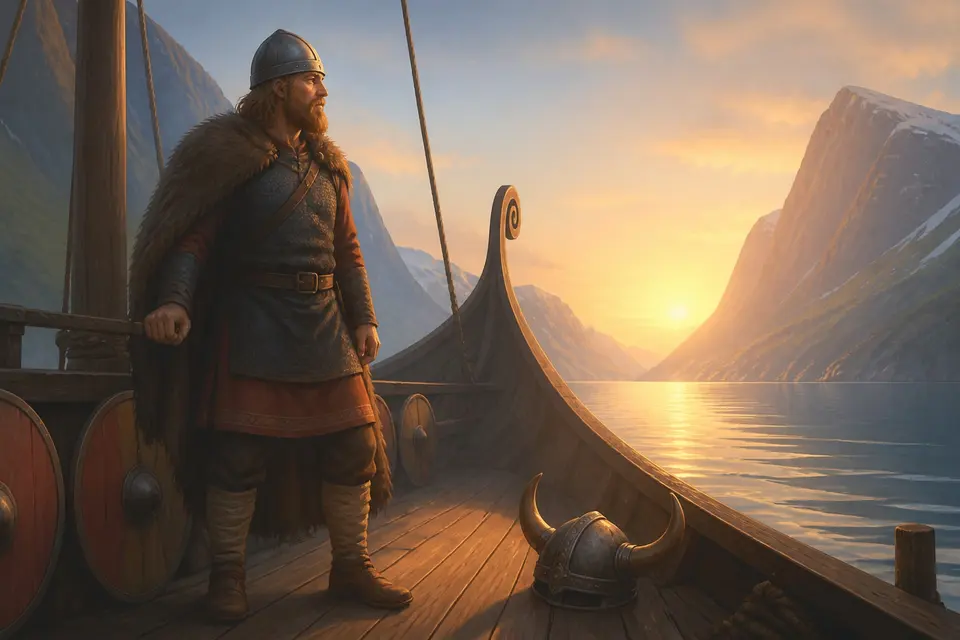 A Viking in a plain rounded iron helmet on a longship with a horned helmet resting beside him.