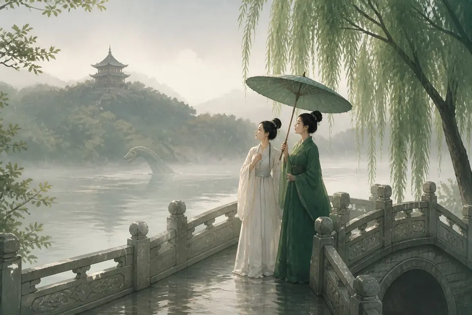 A woman in white and a woman in green beneath an umbrella on a misty West Lake bridge with a pagoda on a hill.