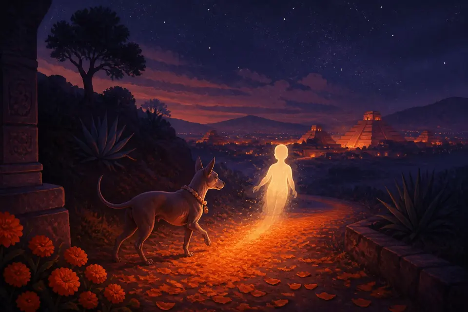 A small hairless dog guiding a glowing soul along a path of marigold petals through a dark Mesoamerican night.