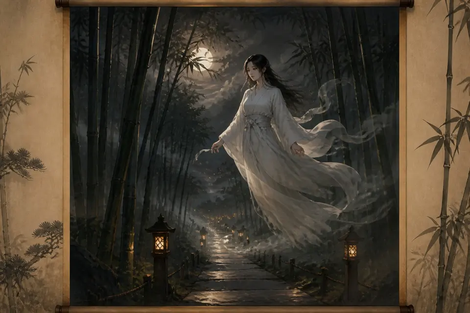 A pale woman in a white burial kimono floating above a bamboo path at night.
