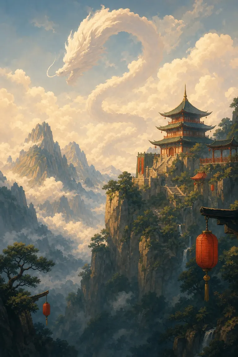 A pagoda on a mountain peak among clouds shaped like a dragon.