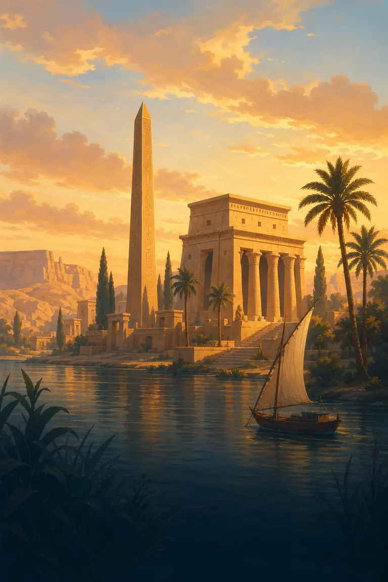 An obelisk and a sandstone temple on the Nile at sunset.